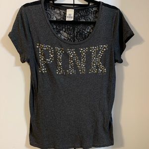 PINK gray embellished tee with lace back size Medium